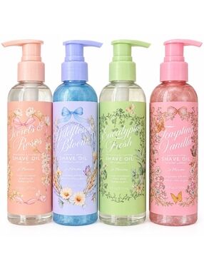 Le Mercerie Shave Oil 4-Piece Set Roses Wildflower Eucalyptus Vanilla NEW